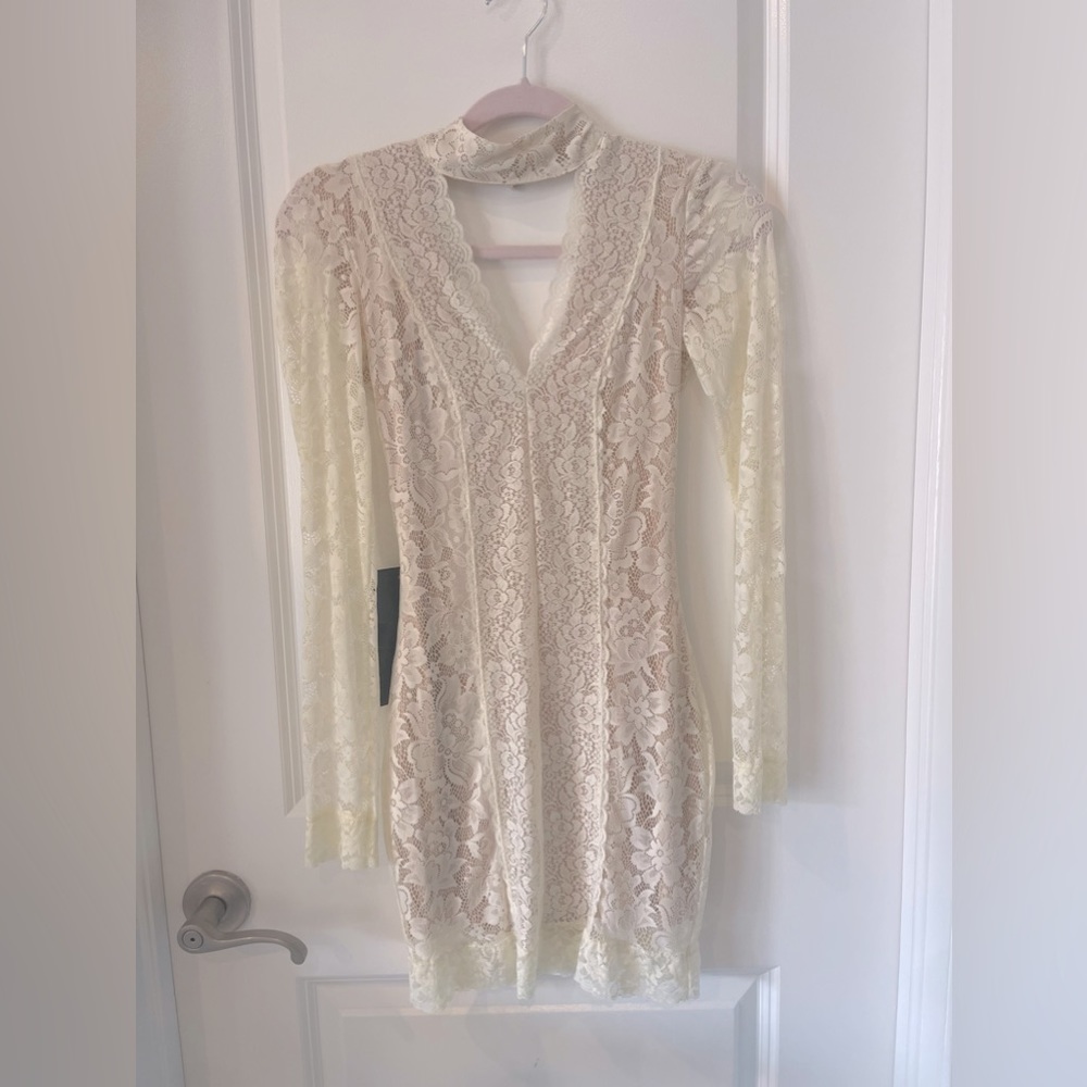 Lace paneled mock neck dress